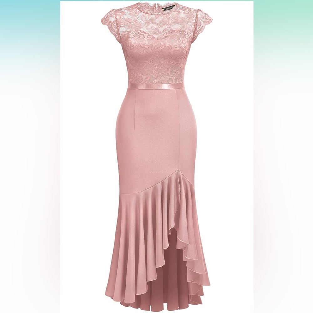 MIUSOL Pink Blush bodycon dress zip up gown with lace and ruffle for wedding